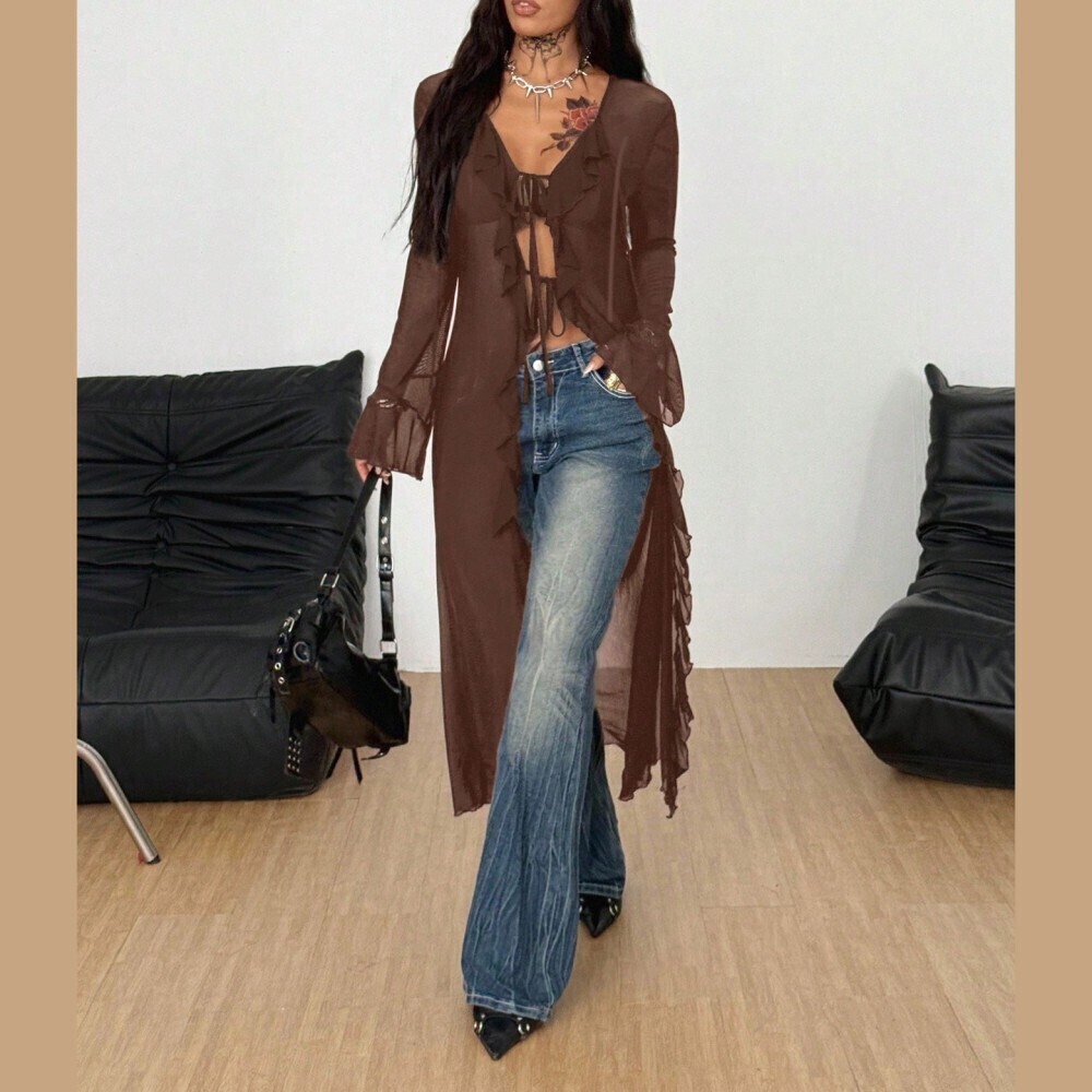 Brown Sheer Mesh Ruffled Duster with Tie Front